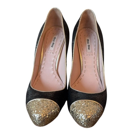 Miu Miu Calzature Donna Lame Pumps Black Gold Glitter Calf hair Heels Size 38 - Picture 3 of 10